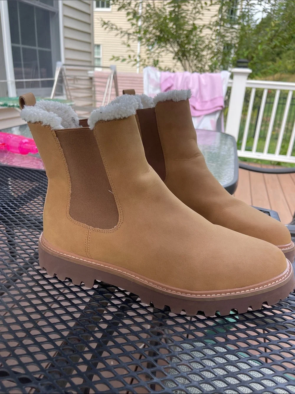 J. Crew Tan Chelsea Ankle Boots with Shearling Collar, faux leather